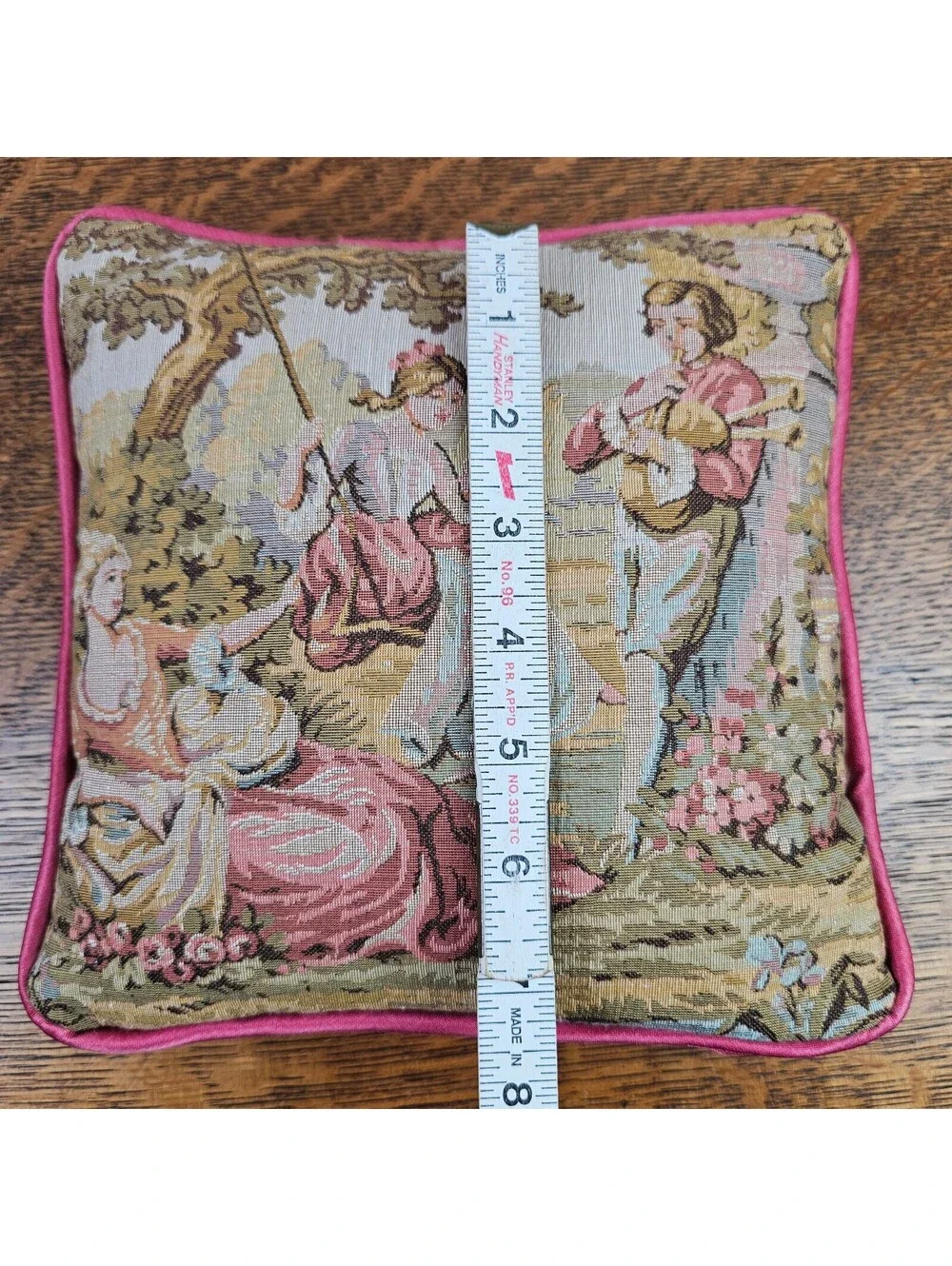 Pair Vintage French Country Tapestry Pillows Pastoral Courting Scenes Pink